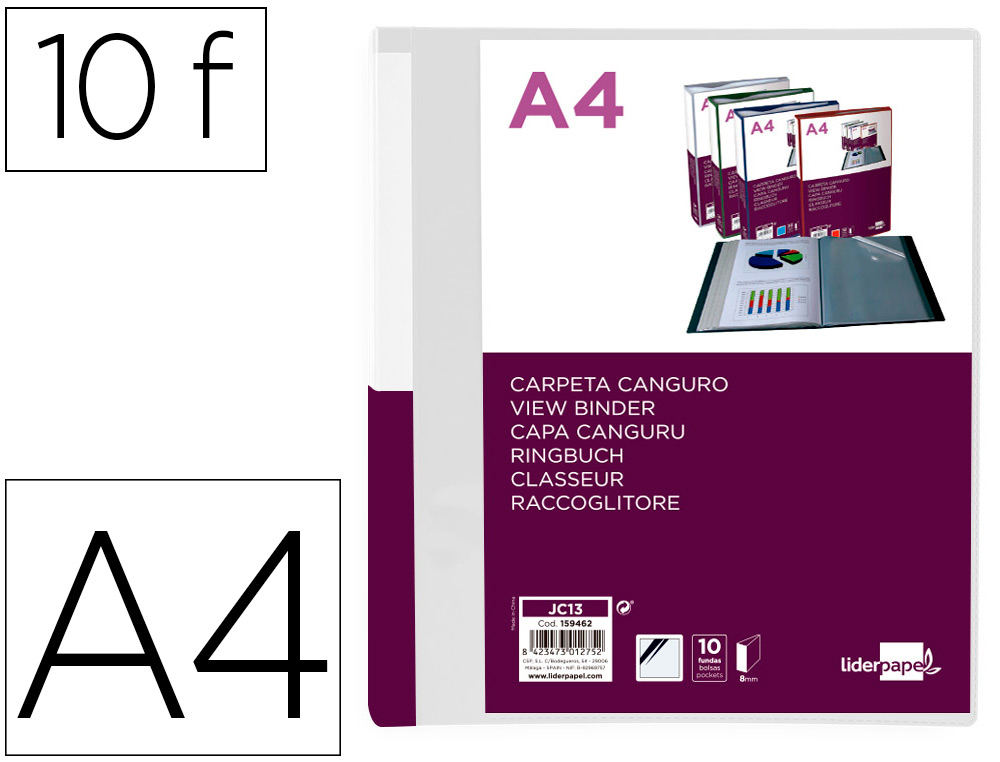 LIDERPAPEL - Carpeta 10 fundas canguro pp din A4 transparenteportada y lomo personalizable (Ref. JC13)