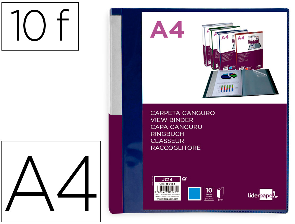 LIDERPAPEL - Carpeta 10 fundas canguro pp din A4 azul translucido portada y lomo personalizable (Ref. JC14)