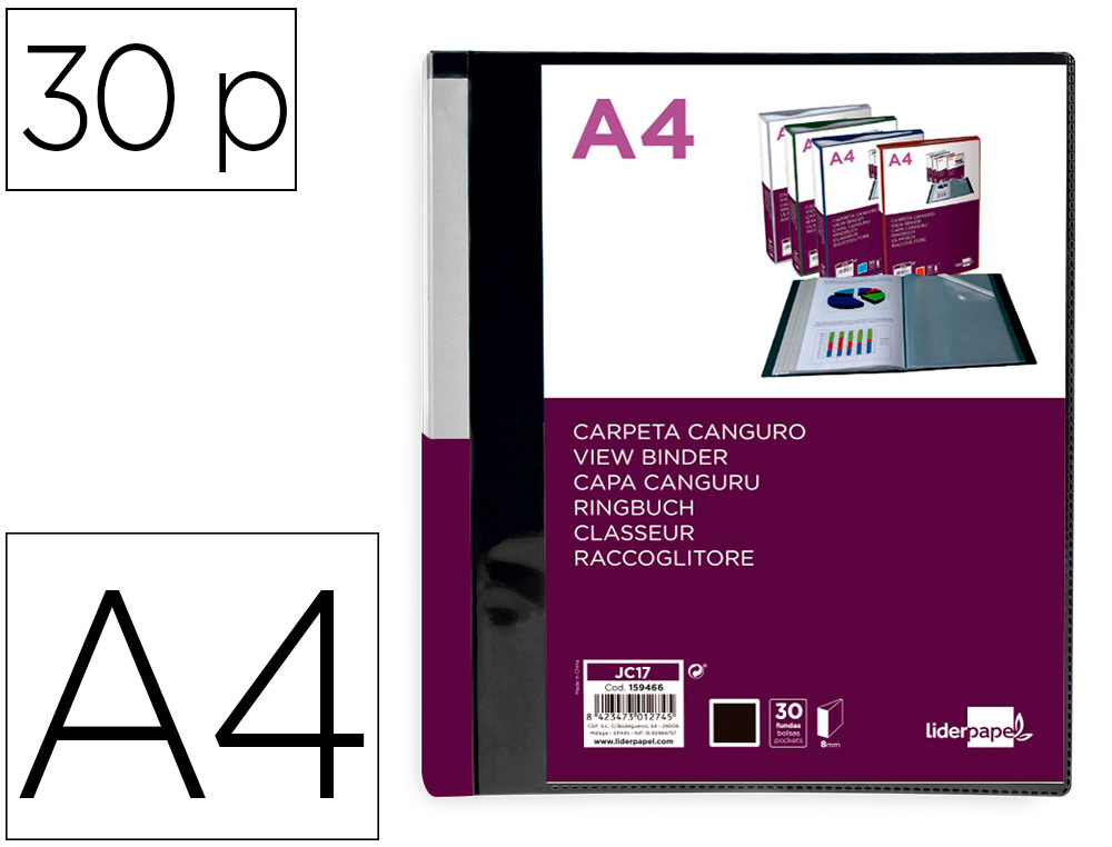 LIDERPAPEL - Carpeta 30 fundas canguro pp din A4 negro opaco portada y lomo personalizable (Ref. JC17)