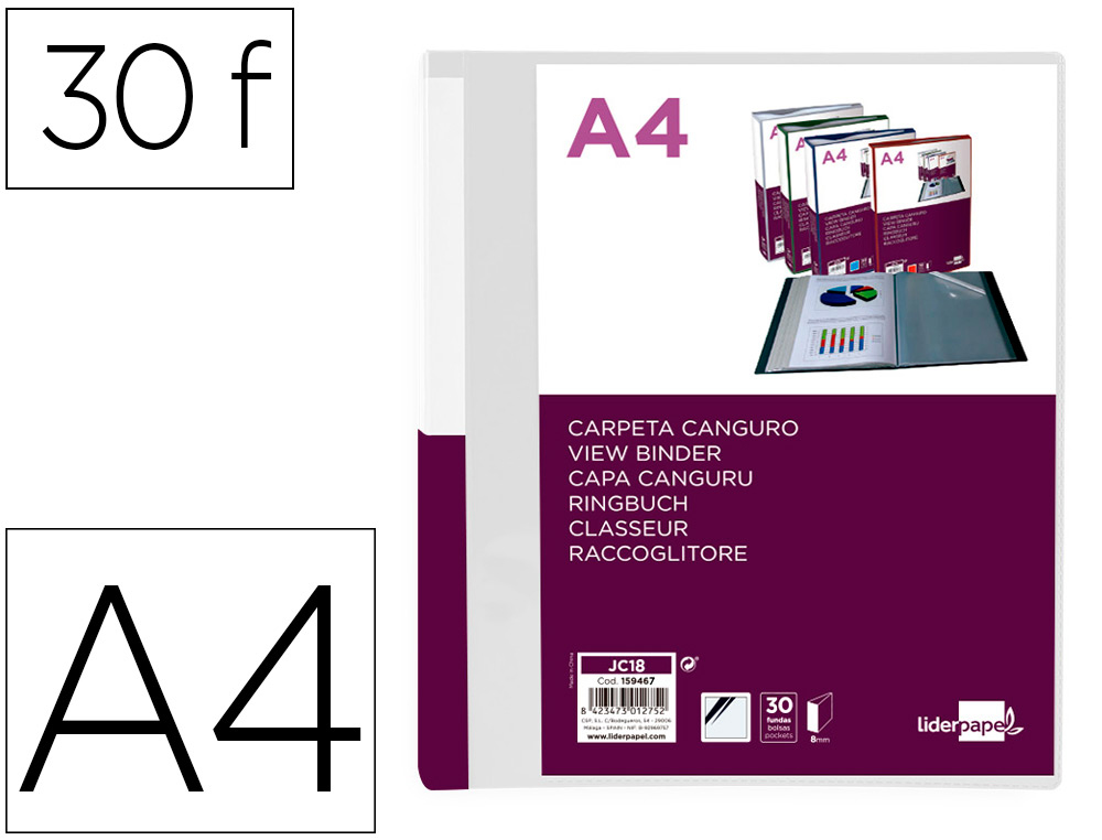 LIDERPAPEL - Carpeta 30 fundas canguro pp din A4 transparenteportada y lomo personalizable (Ref. JC18)