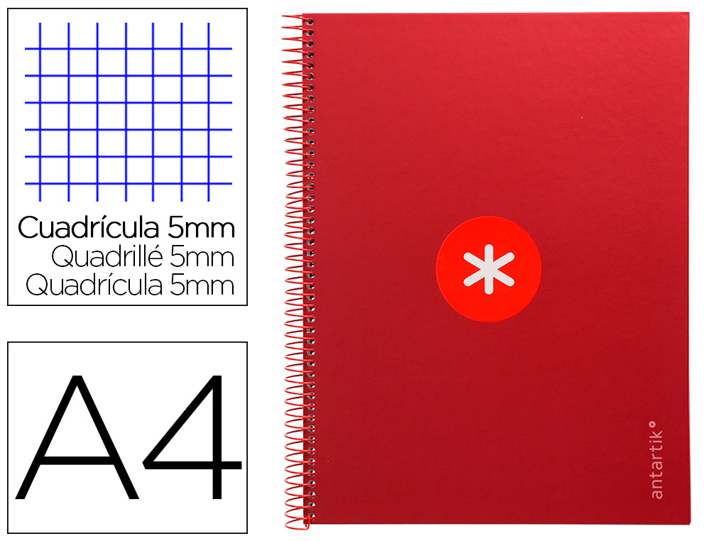 ANTARTIK - Cuaderno espiral liderpapel A4 micro tapa forrada 80h 90 gr cuadro 5mm 1 banda 4 taladros frambuesa (Ref. KB19)