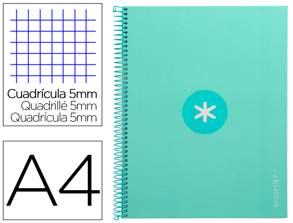 ANTARTIK - Cuaderno espiral liderpapel A4 micro tapa forrada 80h 90 gr cuadro 5mm 1 banda 4 taladros menta (Ref. KB23)