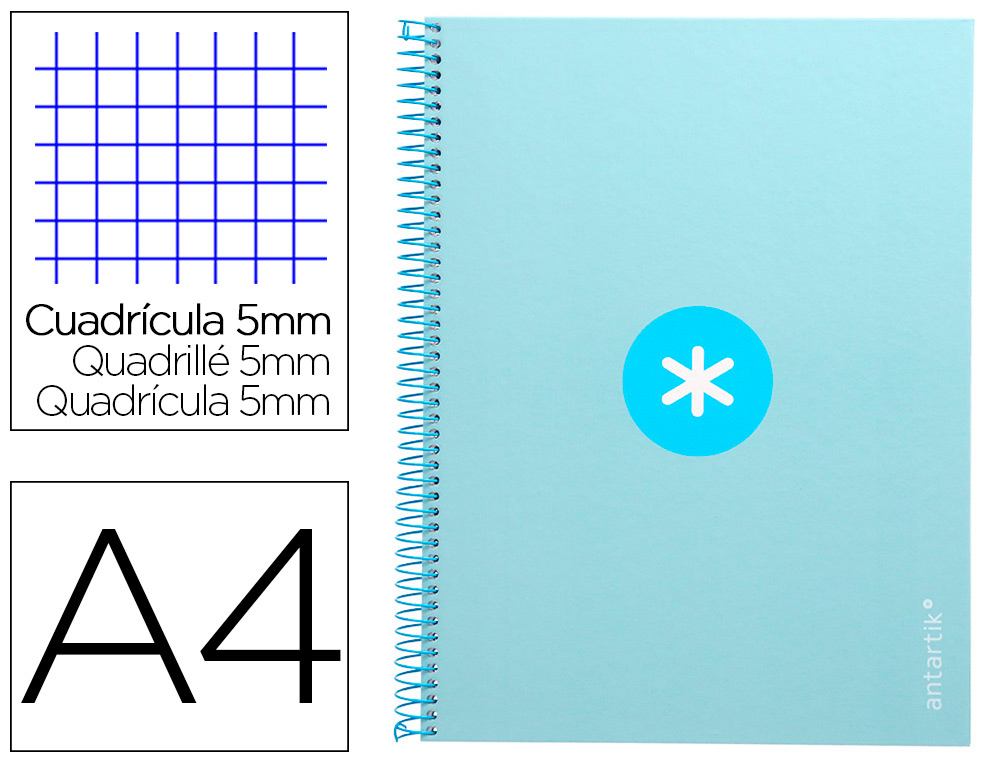 ANTARTIK - Cuaderno espiral liderpapel A4 micro tapa forrada 80h 90 gr cuadro 5mm 1 banda 4 taladros celeste (Ref. KB25)