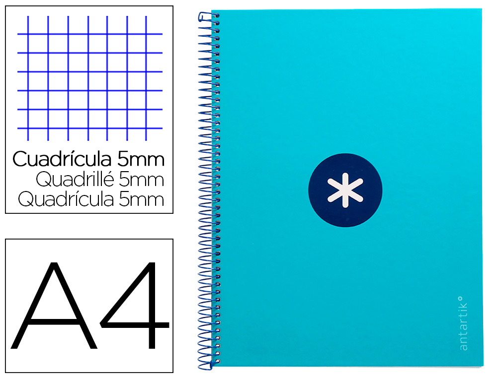 ANTARTIK - Cuaderno espiral liderpapel A4 micro tapa forrada 80h 90 gr cuadro 5mm 1 banda 4 taladros turquesa (Ref. KB26)