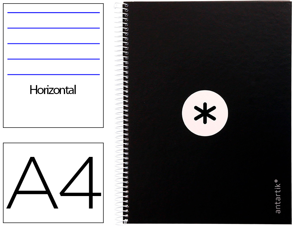 ANTARTIK - Cuaderno espiral liderpapel A4 micro tapa forrada80h 90 gr horizontal 1 banda 4 taladros color negro (Ref. KB28)