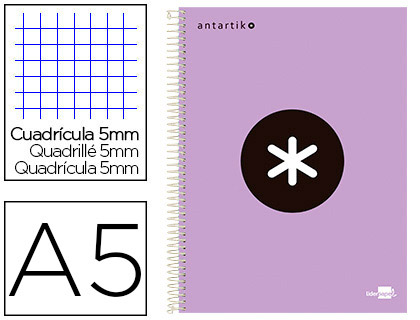 ANTARTIK - Cuaderno espiral liderpapel a5 micro tapa forrada120h 100 gr cuadro 5mm 5 banda6 taladros color lavanda (Ref. BA77)