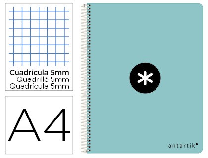 ANTARTIK - Cuaderno espiral liderpapel A4 micro tapa dura 80h 100 gr cuadro 5mm sin bandas 4 taladros color menta (Ref. KB01)