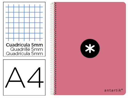 ANTARTIK - Cuaderno espiral liderpapel A4 micro tapa dura 80 h 100 gr cuadro 5mm sin bandas 4 taladros color coral (Ref. KB02)