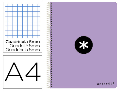 ANTARTIK - Cuaderno espiral liderpapel A4 micro tapa dura 80h 100 gr cuadro 5 mm sin bandas 4 taladros color lavanda (Ref. KB03)