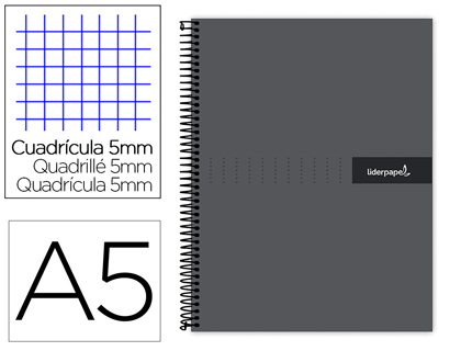 LIDERPAPEL - Cuaderno espiral a5 micro crafty tapa forrada 120h 90 gr cuadro 5mm 5 bandas6 taladros color negro (Ref. BJ74)