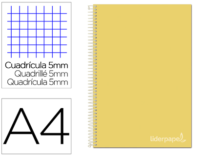 LIDERPAPEL - Cuaderno espiral A4 micro jolly tapa forrada 140h 75 gr cuadro 5mm 5 bandas4 taladros color amarillo (Ref. BA95)