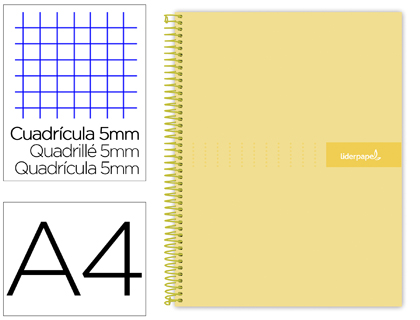 LIDERPAPEL - Cuaderno espiral A4 micro crafty tapa forrada 120h 90gr cuadro 5mm 5 bandas 4 taladros color amarillo (Ref. BA89)
