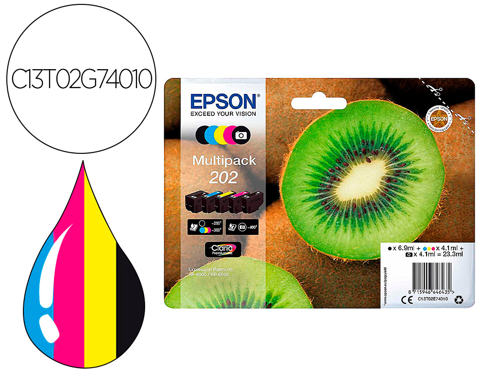 EPSON - Ink-jet 202 xl xp-6000 / xp-6005 / xp-6100 / xp-6105 pack 5 negro amarillo cian magenta photo negro 650 pag (Ref. C13T02G74010)