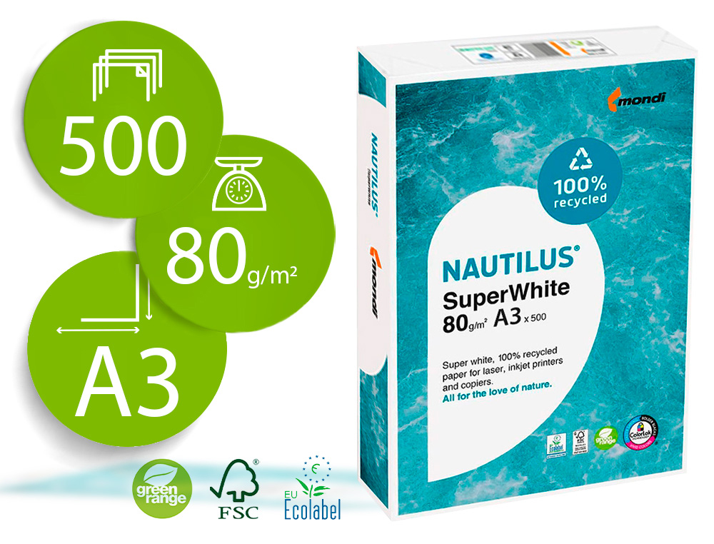 NAUTILUS - Papel fotocopiadora superwhite 100% reciclado din a3 80 gramos paquete de 500 hojas (Ref. 013408019002)