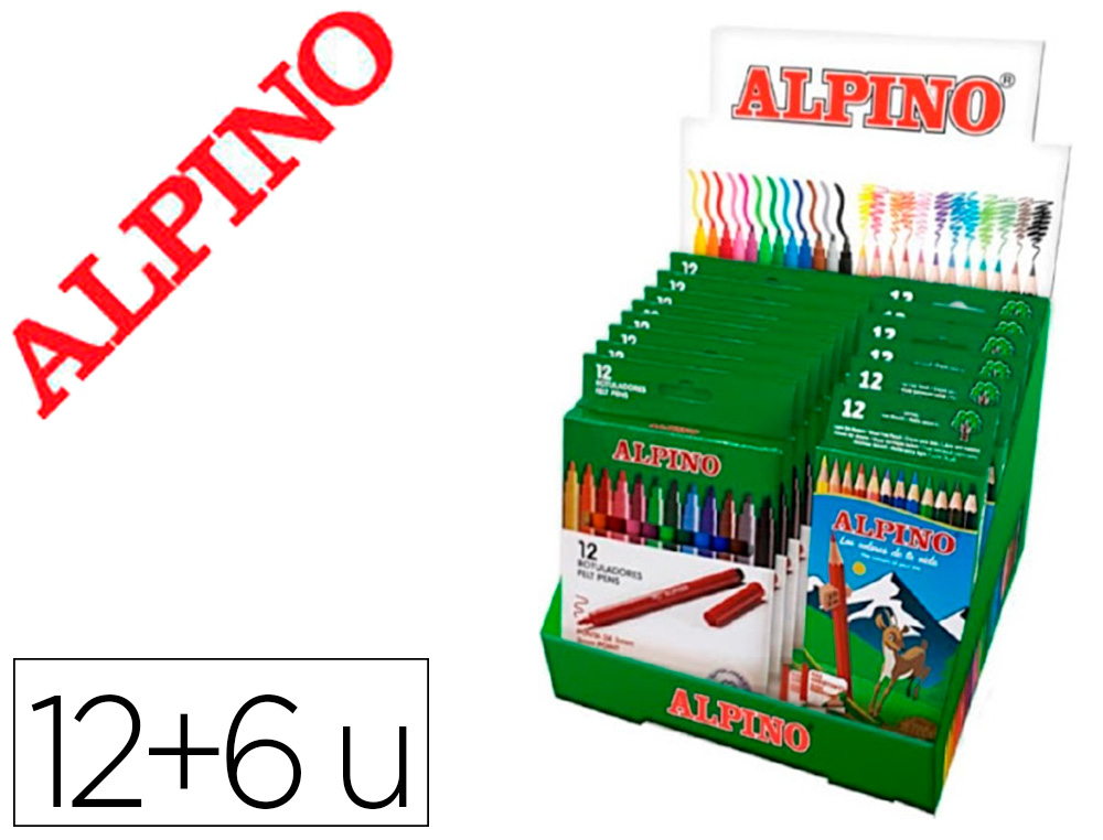 ALPINO - Expositor de 12 Cajas de 12 Rotuladores colores + 6 Cajas de 12 Lápices colores 654 (Ref. AR000800)