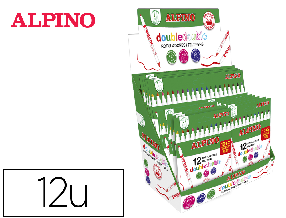 ALPINO - Rotulador doble doble punta gruesa y punta fina expositor de 12 estuches de 10+2 unidades colores (Ref. AR000810)