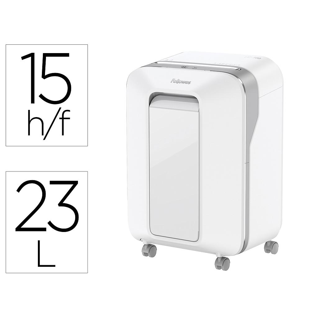 FELLOWES - Destructora de documentos lx201 capacidad de 12 h seguridad p5 clips grapas y tarjetas 23l blanca (Ref. 5050101)