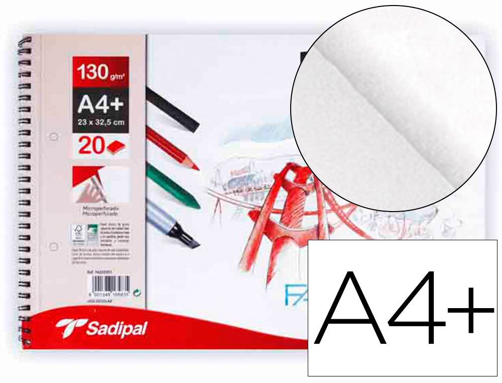 FABRIANO - Bloc dibujo sadipal din a4+ espiral 20 hojas 2 taladros 130g/m2 grano suave microperforado liso (Ref. F76233351)