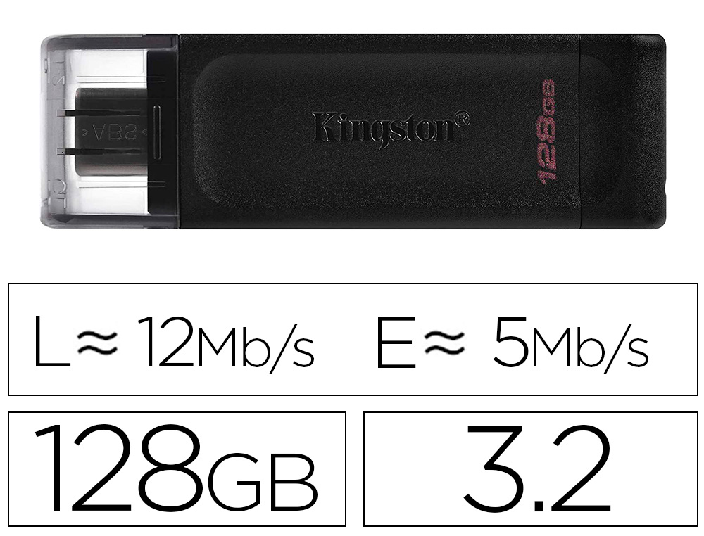 KINGSTON - Memoria data traveler 70 usb 3.2 + tipo c 128 gb color negro (Ref. DT70/128GB) (Canon L.P.I. 0,24€ Incluido)
