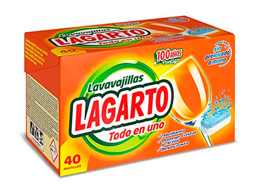 LAGARTO - Pastilla lavavajillas todo en uno abrillanta desincrusta y protege sin prelavado caja de 40 unidades (Ref. 160179)
