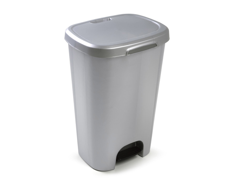 PLASTICFORTE - Papelera contenedor plastico con tapadera y pedal 50 litros color plata 410x360x635 mm (Ref. 1214512)