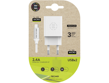 TECH ON TECH - Cargador tech one tech 2.4 doble usb + cable braided nylon micro usb android longitud 1 mt color blanco (Ref. TEC2401)