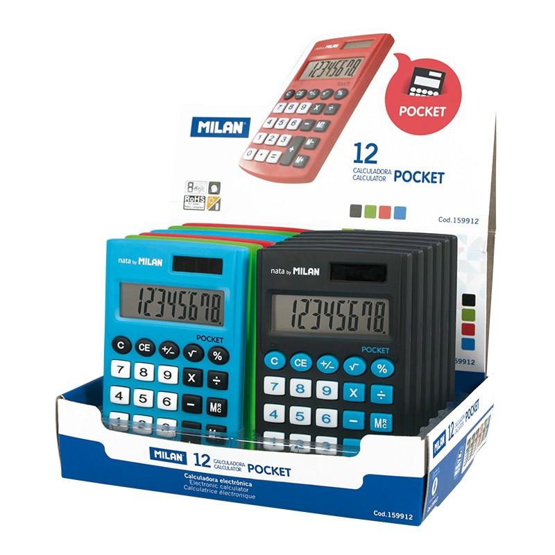 MILAN - CALCULADORA de BOLSILLO POCKET EXPOSITOR de 12 (Ref.159912)