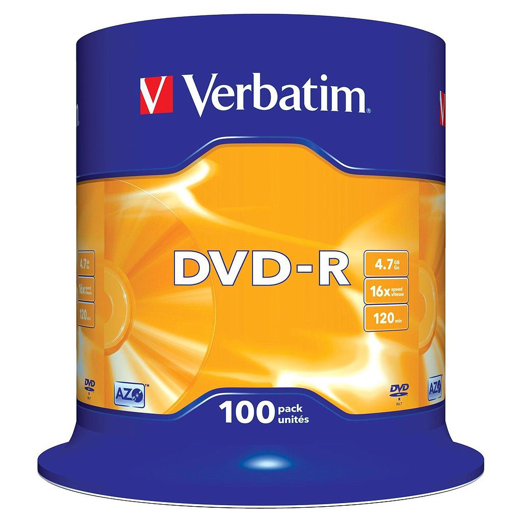 VERBATIM - DVD-R, 4.7GB, 16X, 100 PACK SPINDLE, SUPERFICIE MATT SILVER (Incluye Canon LPI de 21 €) (Ref.43549)