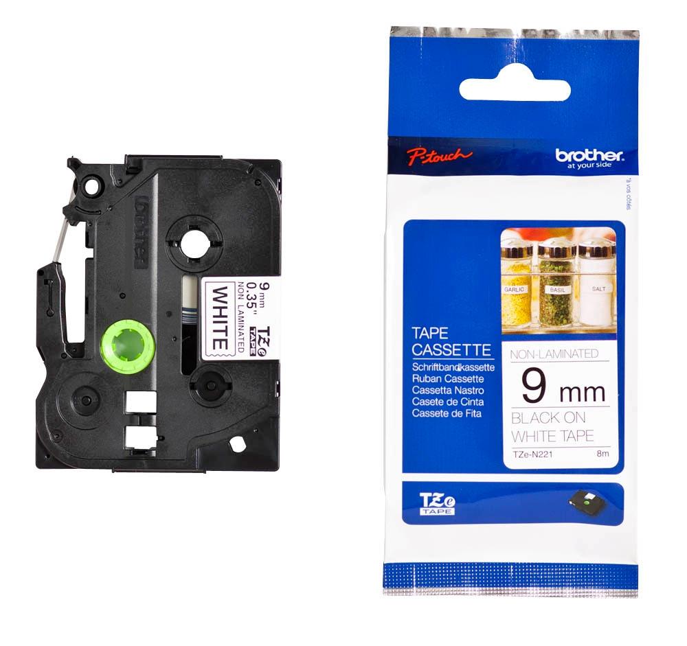 BROTHER - CINTA de ROTULAR NO LAMINADA 8m 9mm NEGRO sobre BLANCO (Ref.TZE-N221)