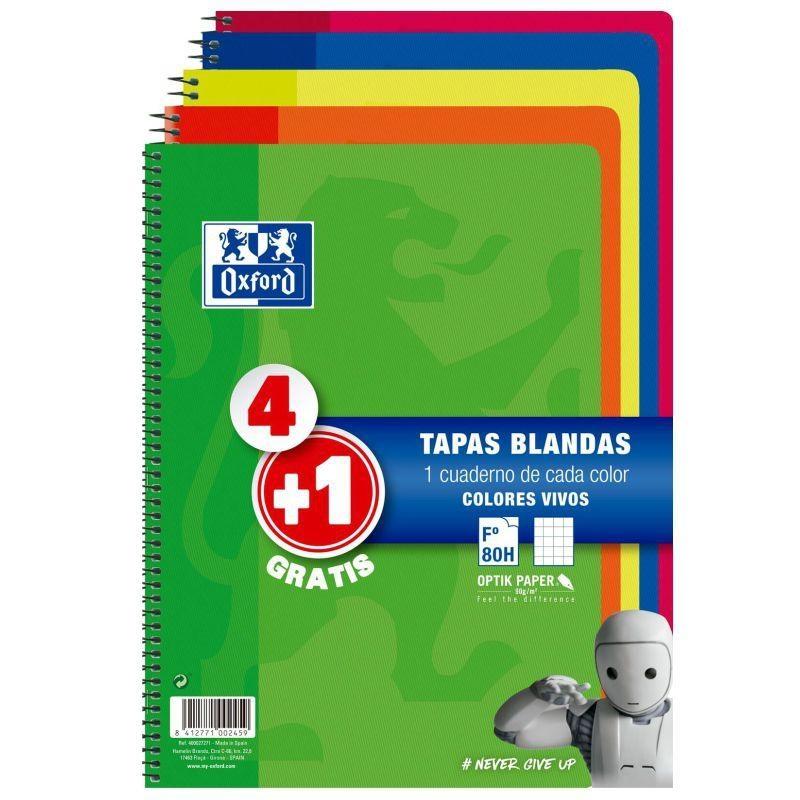 OXFORD - BLOCK SCHOOL tapa BLANDA Fº 80h CUADRIC.4x4 PACK 4+1 (col. vivos) (Ref.400027271)