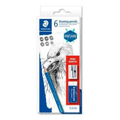 STAEDTLER - SET DE DIBUJO - 6 LÁPICES MARS LUMOGRAPH 100 GRAD. SURTIDAS + GOMA + Sacapuntas/Afilalapices METÁLICO - (Ref.61 100C 6)