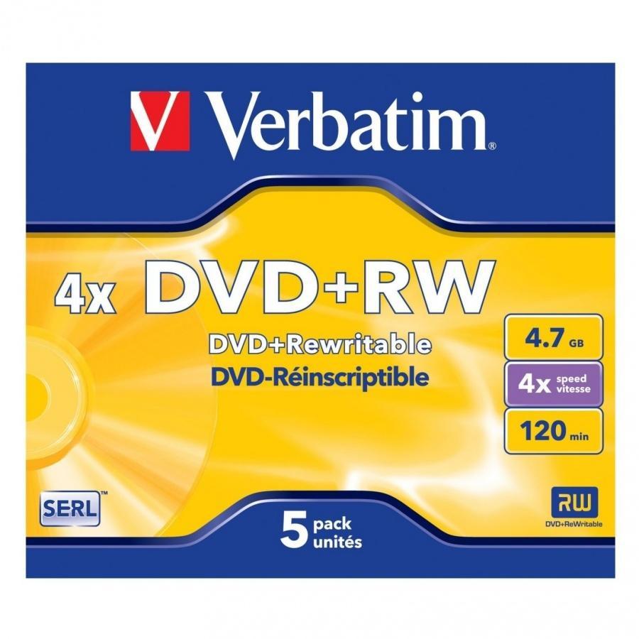 VERBATIM - DVD+RW, 4.7GB, 4X, 5 PACK JEWEL CASE, SUPERFICIE MATT SILVER (Incluye Canon LPI de 1,4 €) (Ref.43229)